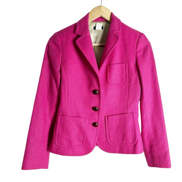 J.Crew Wool Black Jacket Blazer Robert Noble Scottish Cloth Hot Pink Sz 0 - Picture 1 of 10